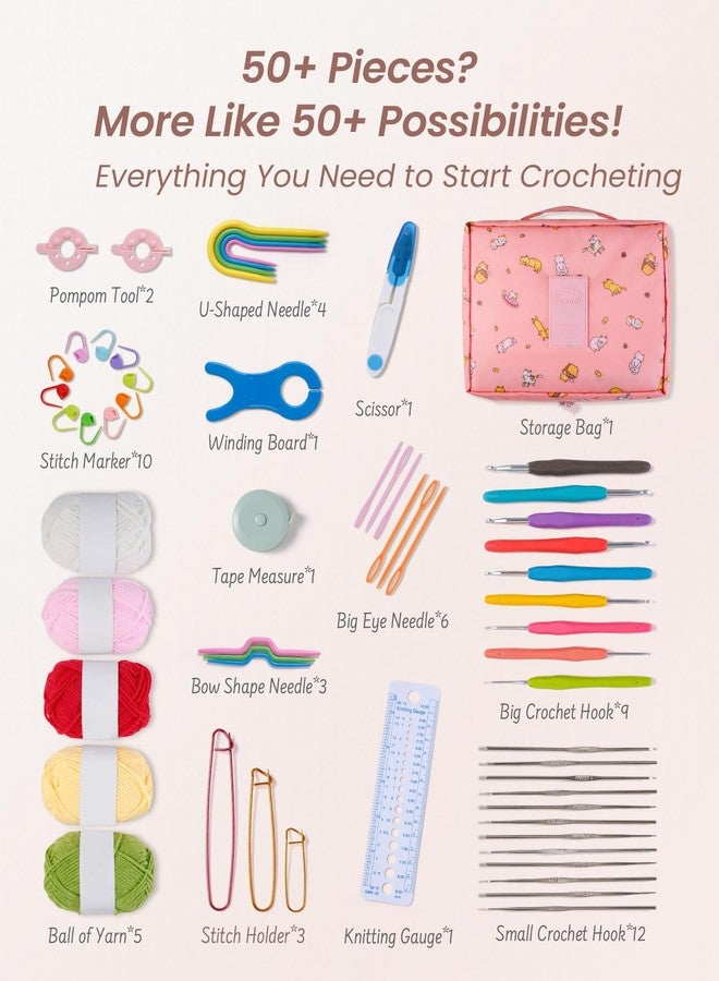 Mustry 59 Pcs Crochet Kit for Beginners Adults Kids, Knitting Supplies Set with Hooks, Yarn, Patterns, Tools & Storage Bag, Starter Complete Crocheting Accessories Gift Set for DIY Crafts, Home Décor - Image 3